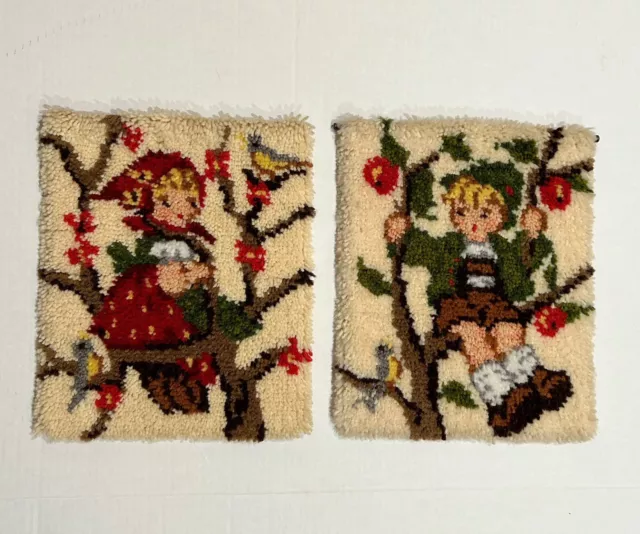 Paragon Hummel Apple Tree Boy & Girl Latch Hook Rugs Finished Wall Hangings Vtg