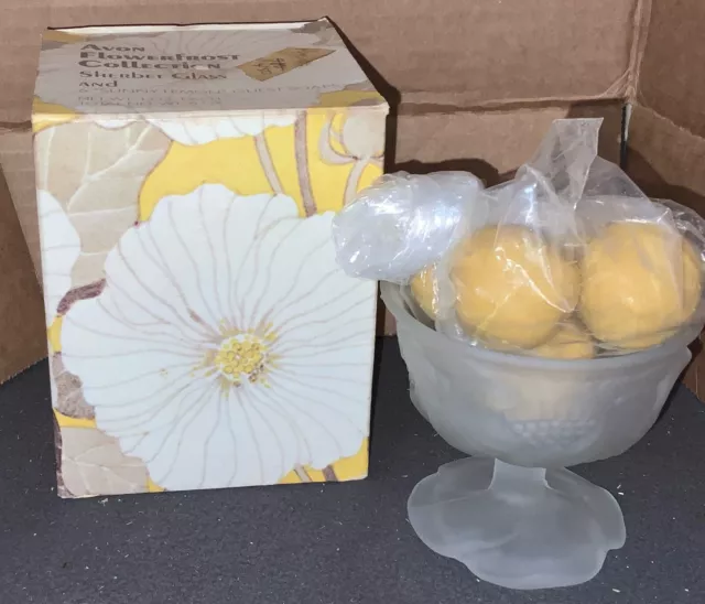 New Avon 1979 FlowerFrost Collection Sherbet Glass & Sunny Lemon Guest Soaps