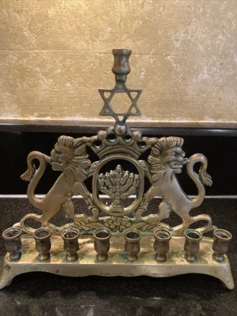 Antique Vtg Heavy Bronze Brass 9 Heads Jewish Menorah With Lions Old Jewish Home