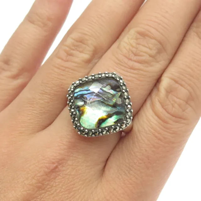 JUDITH JACK 925 Sterling Vintage Doublet Abalone Shell Marcasite Ring Size 7.25