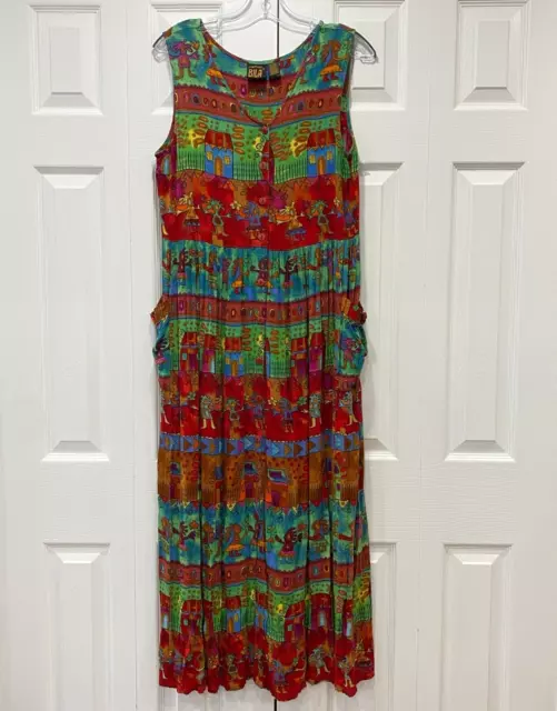 Vintage Bila Sleeveless Maxi Dress Size M Medium Multicolored Art Pockets Boho
