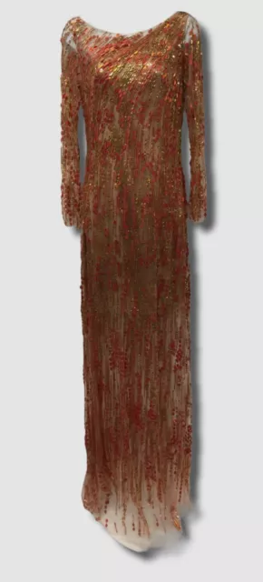 $2395 Jenny Packham Women's Beige Long Sleeve Beaded Sequin Gown Dress Size 8