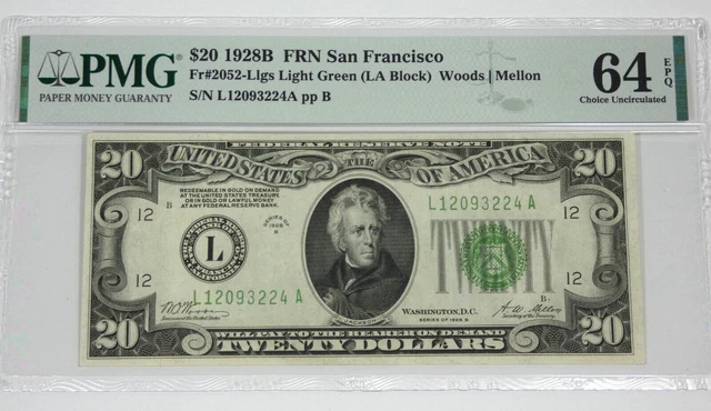 Series 1928-B Light Green Seal $20 FRN L District SF PMG 64 Ch Unc EPQ Fr#2052-L