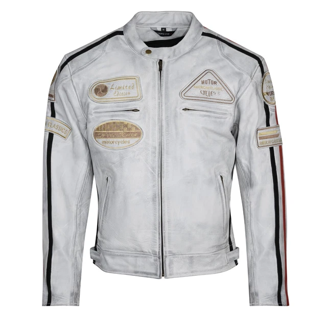 Giacca Moto Pelle Scooter Cafe Racer,Naked da Uomo Vintage Grigio Bianco