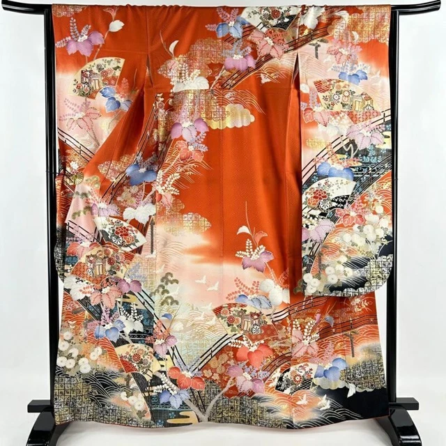 Woman Japanese Kimono Furisode Silk Fan Goshoguruma Gold Silver Foil Vermilion