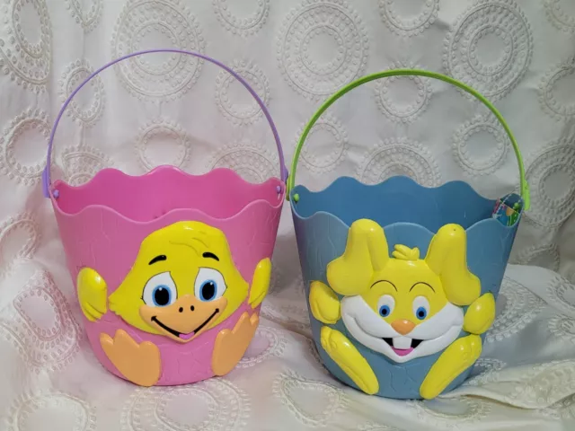 Pair 2 Vintage Easter Bunny Chick Basket Yellow Pink Egg Hard Plastic  2003 Fun