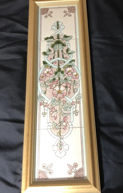 Circa 1900 framed Art Nouveau  4 Tiles Floral 7