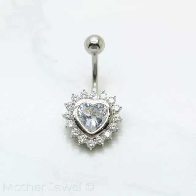 14G Silver Surgical Steel Simulated Diamond Heart Belly Button Navel Ring