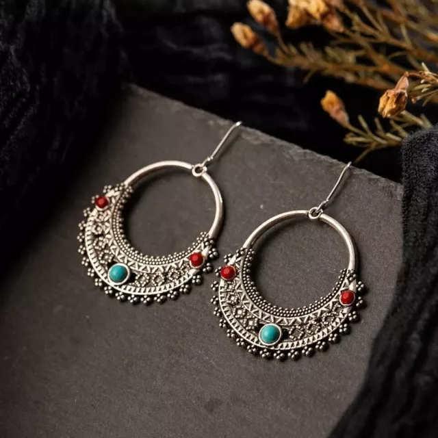 Boho Ethnic Indian Red Turquoise Beaded Silver Drop Dangle Earrings UK