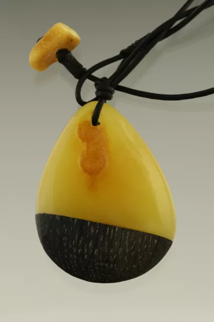 Handmade Wooden Black Oak & Baltic Amber Sea Piece Pendant 12.9g p170821-3