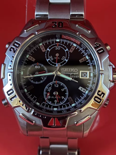 MEN'S SEIKO 7T32-7F69 Alarm Chronograph Black Face Quartz Watch Rare  $ - PicClick