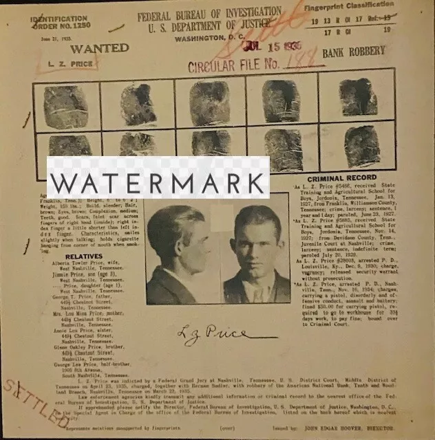 RARE 1935 FBI Wanted Poster for L.Z. Price for Bank Robbery, Larceny ...