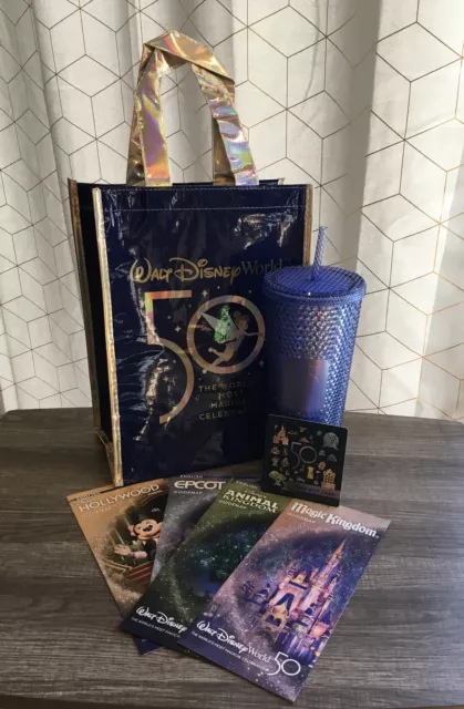 WALT DISNEY WORLD STARBUCKS 50th ANNIVERSARY BLUE TUMBLER, GIFT CARD, PARK MAPS