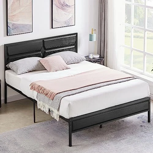 QUEEN SIZE PLATFORM Bed Frame with Wood Headboard/Mattress Foundation