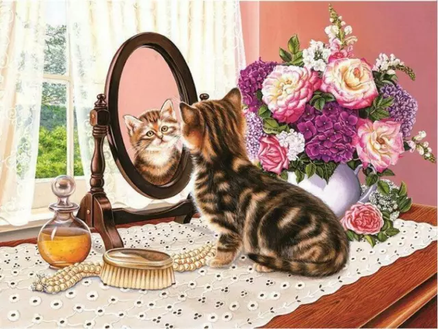 DIY Diamond Painting Cat Looking In The Mirror Cute Pet Embroidery Wall Portrait