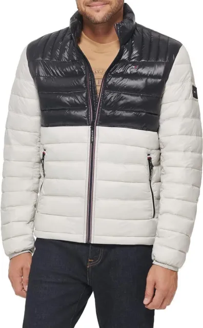 $195 Tommy Hilfiger Quilted Black/ Light Gray Packable Puffer Jacket Men Size M