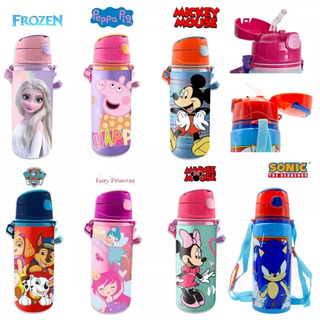 Kids 600ml Aluminum Water Bottle,Attached Handle Strap Push Button Canteen Flask