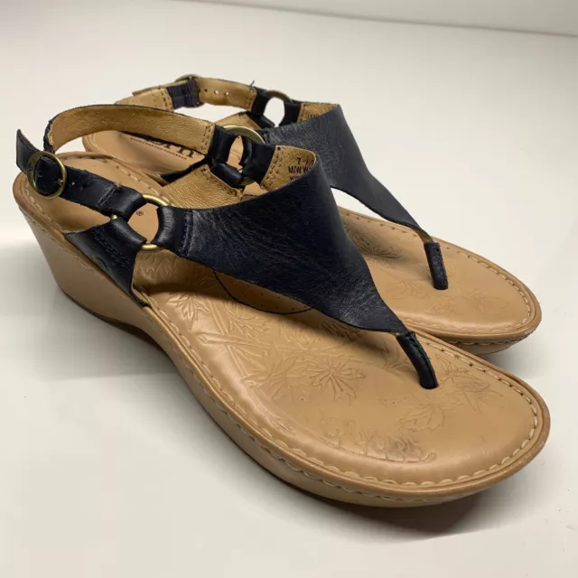 Born Blue Thong Ankle Strap Slingback Leather Wedge Sandal Womens Size 7 M