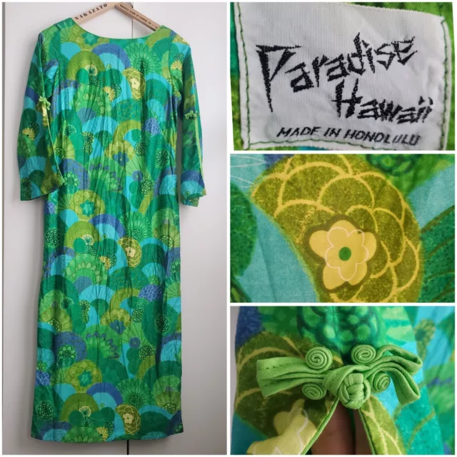 Vintage 60s 70s Hawaiian Pake Muu Dress Paradise Hawaii Psychedelic Kimono TIKI