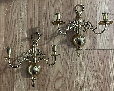 Vtg Solid Brass Wall Sconce double candle holders made Korea Set Of 2