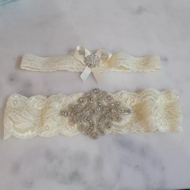 Rhinestone Wedding Garter Set (2 Garters) Ivory Lace  Bridal
