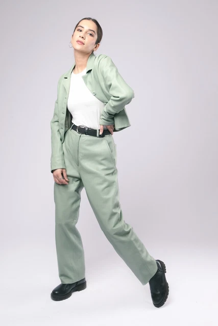 Women Business Casual Two Piece Suit Real Sheep Leather Olive Green High Quality