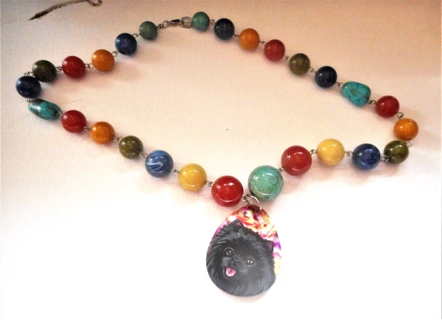 Black Pomeranian Dog Jewelry Bead Necklace Hand Painted Shell Pendant