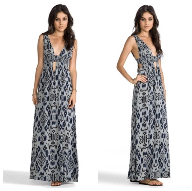Indah Anjeli Plunging V-neck Cutout Sides Blue Aztec Print Empire Maxi Dress XS