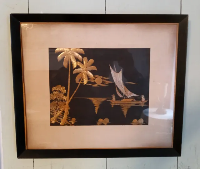 Pair of Wah Cheong Sailboat and Palm Trees Silk Paintings. Original Frames.
