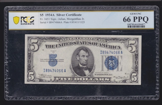 US 1934A $5 Silver Certificate FR 1651 PCGS 66 PPQ GEM CU (066)