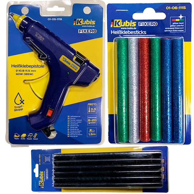 Pistola de pegamento caliente 185 W 11 mm + lápiz de pegamento caliente color y transparente 12 unidades cada una