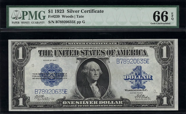 1923 $1 Silver Certificate FR-239 - PMG 66 EPQ - Gem Uncirculated - Woods / Tate