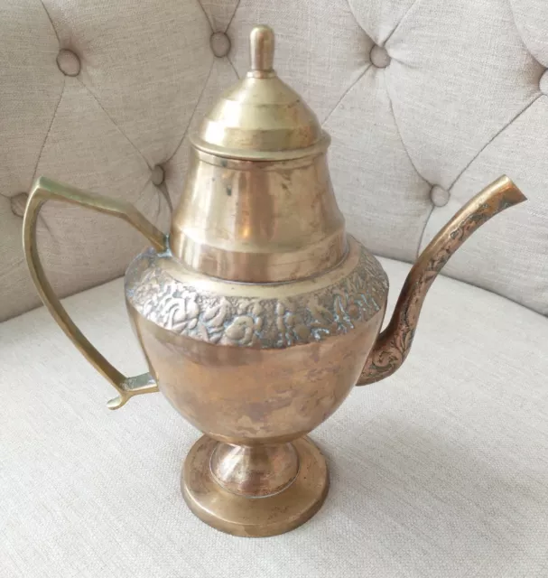 Vintage~Heavy~Brass~Teapot~Engraved~Etched~Ornate~Footed~Kettle~Beautiful~VTG