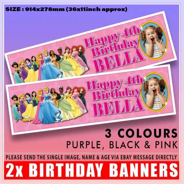 2 PERSONALISED PHOTO DISNEY PRINCESS BIRTHDAY BANNERS 36 "x 11" - ANY NAME ANY A