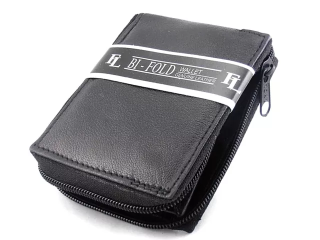 Mens Genuine Leather Bifold Zipper Zip Around Wallet Black Window ID Credit Card