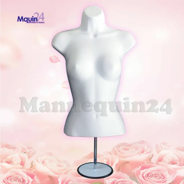 FEMALE TORSO BODY DRESS FORM MANNEQUIN WHITE with STAND & HOOK for HANGING