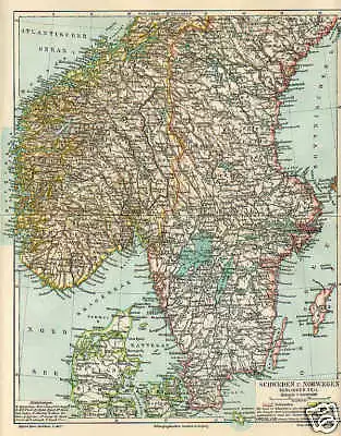 Schweden Norwegen Dänemark LANDKARTE von 1897