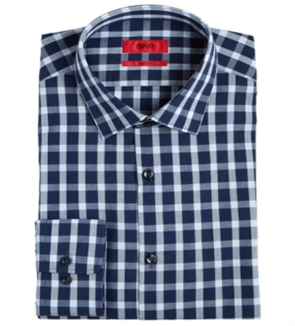 Hugo Men's Mabel Sharp-Fit Gingham Dress Shirt Navy Blue Size XL