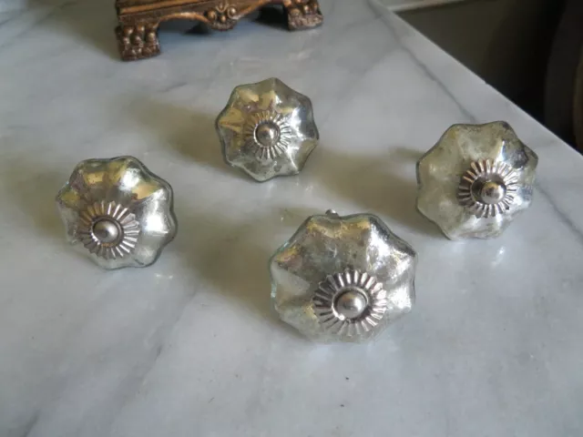 Lot of Four Vintage Style Silver Mercury Glass Cabinet Knobs Drawer Pulls