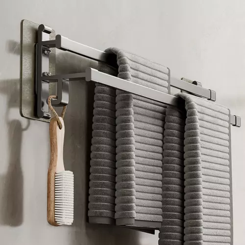 Self-Adhesive Bathroom Towel Rack Clothes Holder Gray Aluminum Double Pole Bar 3