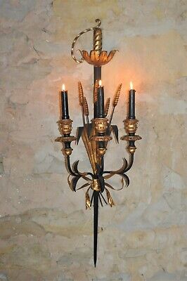 Italian Florentine - Black & Gold Sword & Wheat Sheaf - 3 Candle Wall Sconce