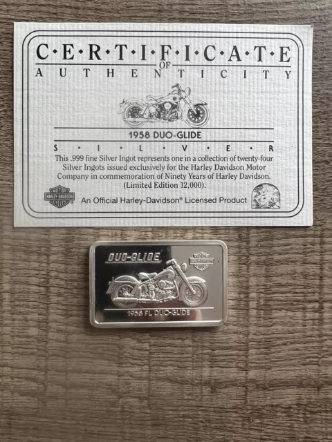 1.4 Oz .999 Fine Silver 1958 Duo-Glide Fl Harley-Davidson Motorcycle Rare