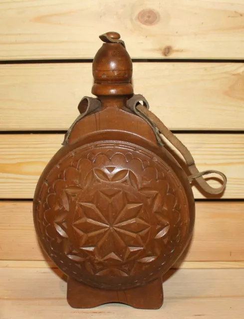 Vintage carved wood brandy flask bottle