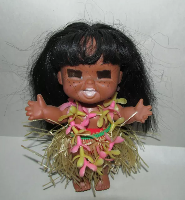 Vintage Hawaiian Hula Girl Doll Grass Skirt Lei rubber Made in Hong Kong