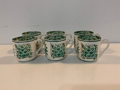 Vtg Japanese Porcelain Eggshell Set of 6 Cups with Hand painted Green Leaf Dec.