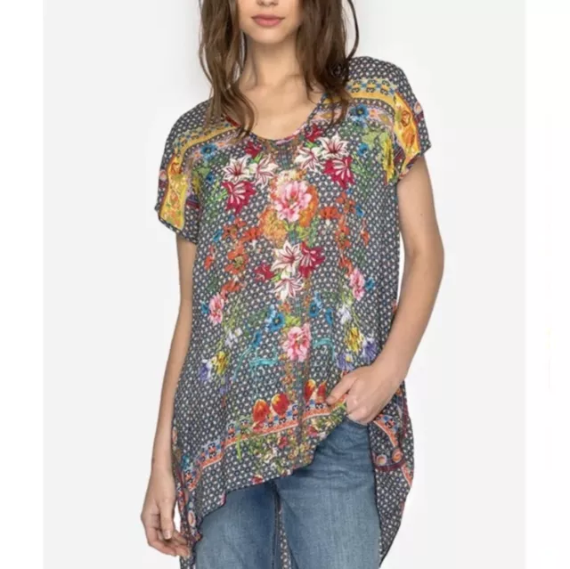 Johnny Was Dolce Drapey Top Flowy Floral Short Sleeve Size Large