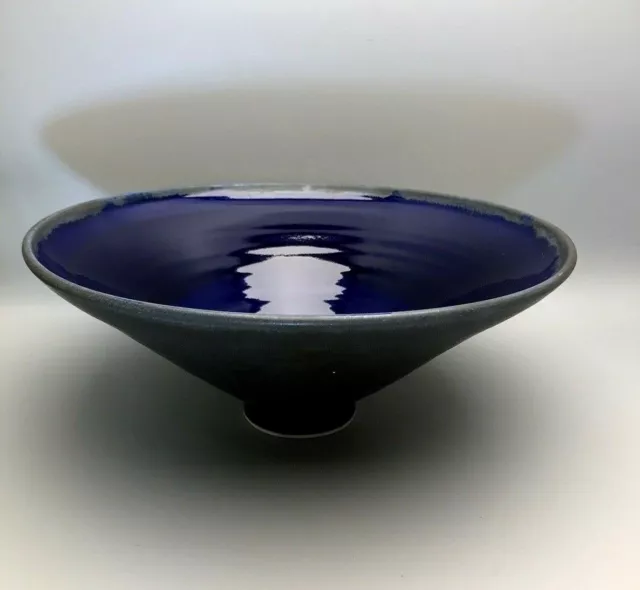 Unique Art Pottery 11" Cobalt Blue Glaze Spiral Bowl Gray Matte Exterior, Signed
