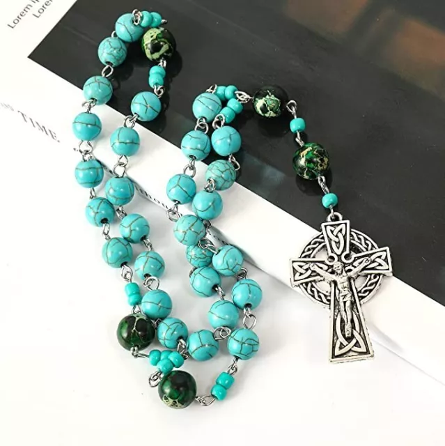 Turquoise Stone Beads Rosary Green Jade Our Father Prayer Rosary Celtic Cross