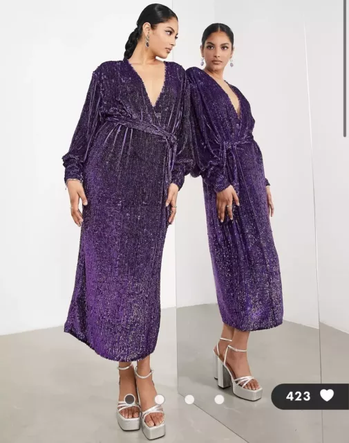 ASOS EDITION sequin wrap midi dress in purple. Size 12