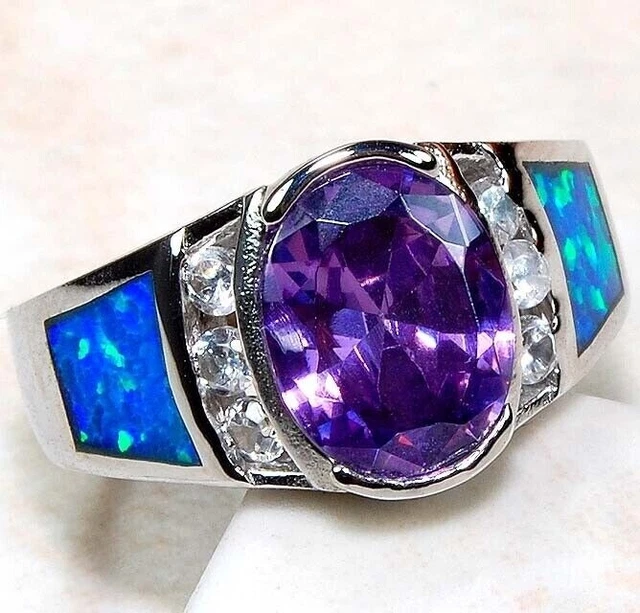 2KT Amethyst & Australischer Opal Inlay 925 Sterlingsilber Ring Gr. 7 Z4
